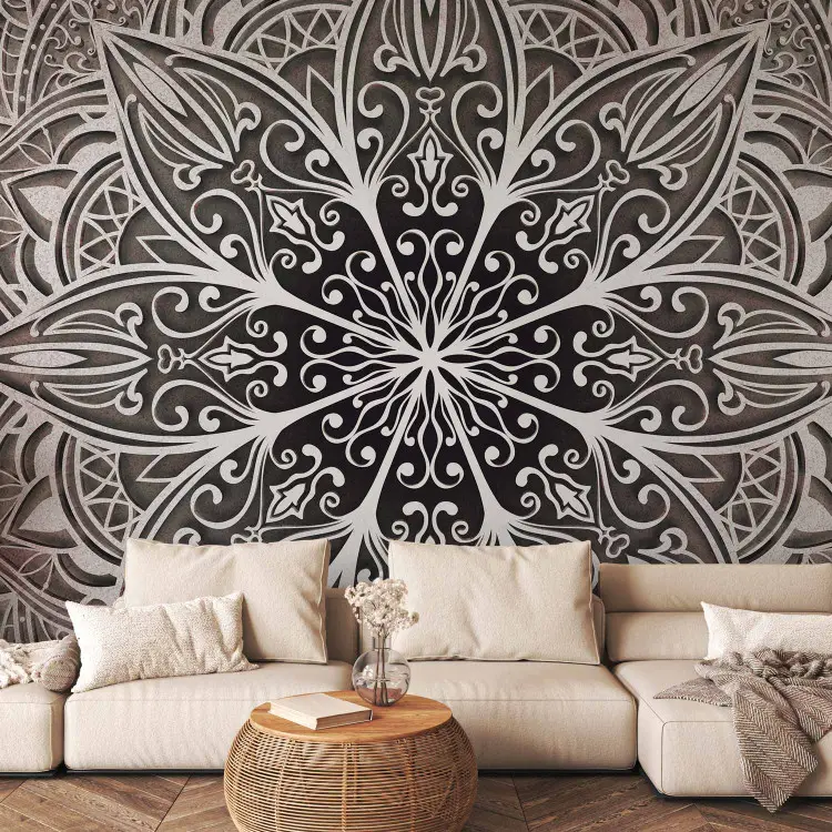 Orientalische Zen-Blume - Exotisches weißes Mandala auf Grau