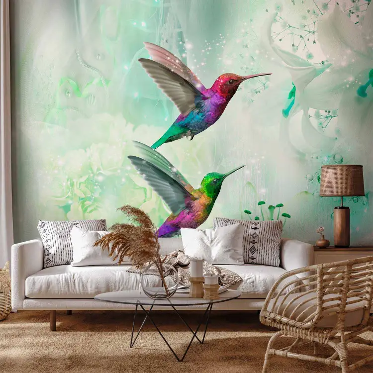 Bunte Kolibris - Motiv von vielfarbigen Vögeln in grünen Mustern