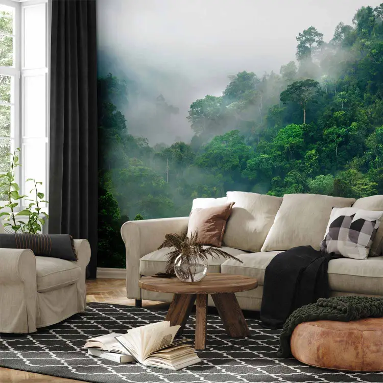 Morgendlicher Waldnebel - Berglandschaft mit von grünen Bäumen bewachsenen Gipfeln