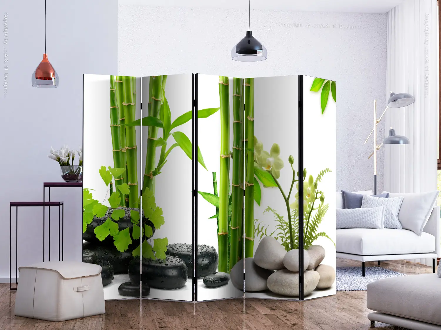 Spanische Wand Bambus und Steine II - Orientalische Steine und Pflanzen  im Zen-Stil - Paravents - bimago