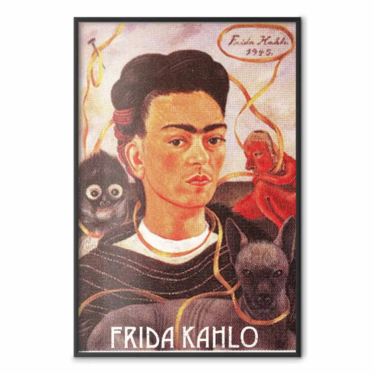 Frida Kahlo - Komposition mit farbigem Porträt einer Frau und Tieren