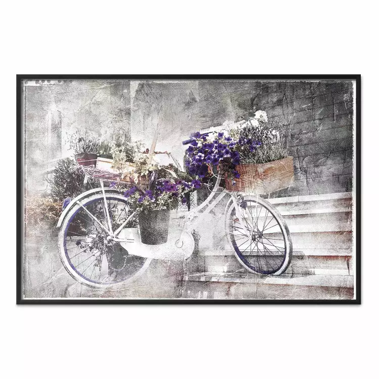Blumenfahrrad - Farbenfrohe Komposition vor einer Treppe im Retrostil