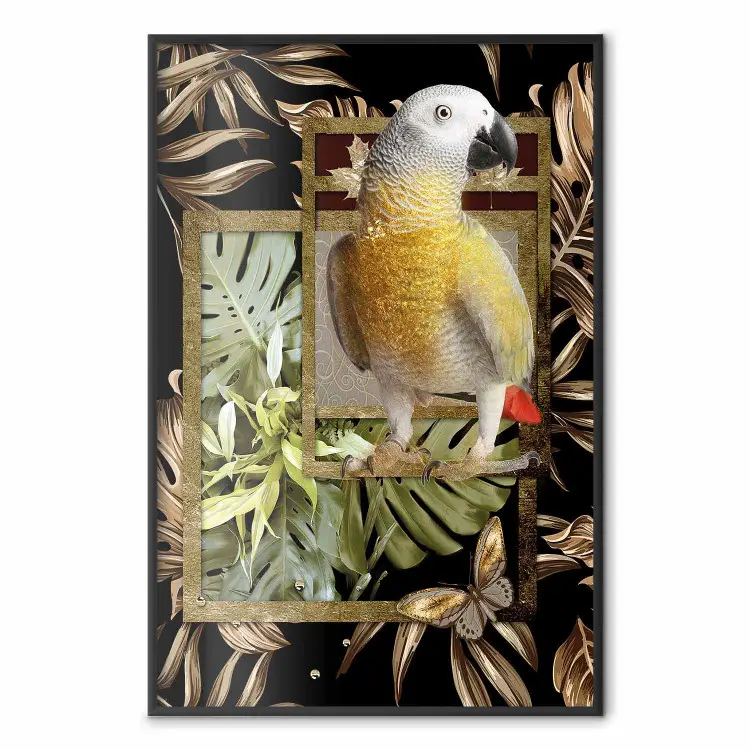 Goldener Papagei - Vogel und Schmetterling vor Blättern