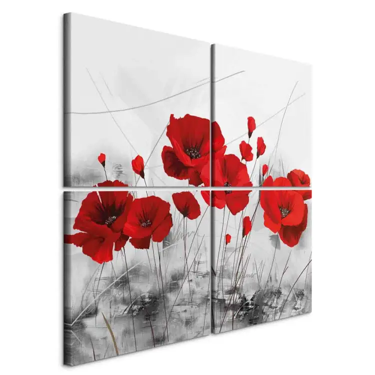 Rote Mohnblumen auf Wiese (4-teilig) - Blumen vor grauemHintergrund