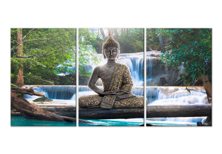 Leinwandbild Buddha and Waterfall (3 Parts) Green