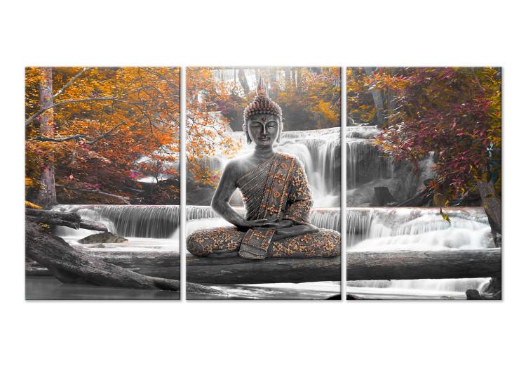 Leinwandbild Buddha and Waterfall (3 Parts) Orange