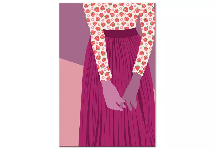 Lila Charakter – Silhouette einer Frau in einem lila Rock und einer Erdbeerbluse, eine Komposition in Lila- und Rosatönen