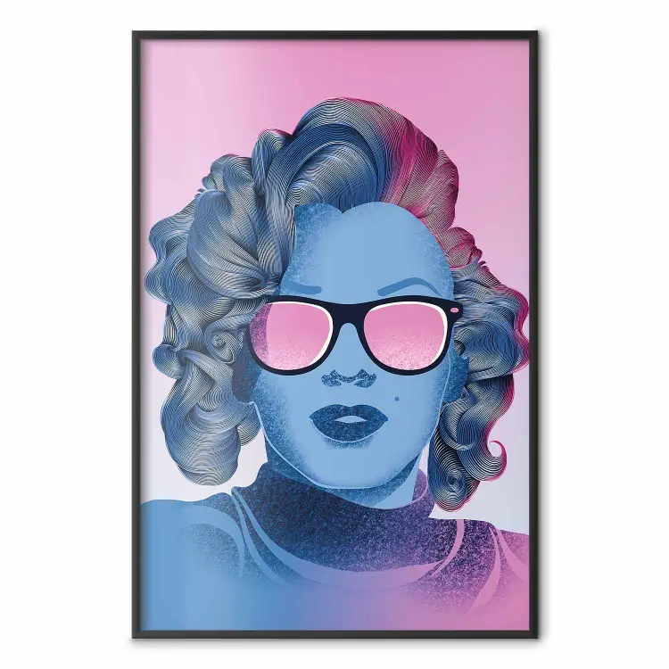 Norma Jeane - fantasievolles blau-rosa Porträt einer Frau mit Brille