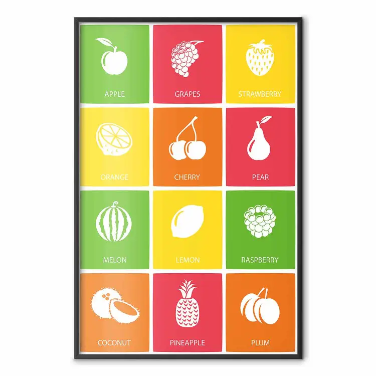 Bunte Früchte - Tafel mit bunten Quadraten und Grafiken von Früchten