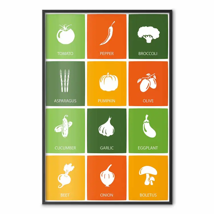 Buntes Gemüse - Tafel mit bunten Quadraten und Grafiken von Gemüse