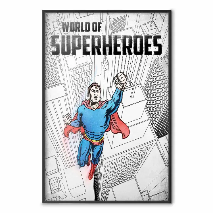 Welt der Superhelden - Superheldenfigur und englische Schriftzüge