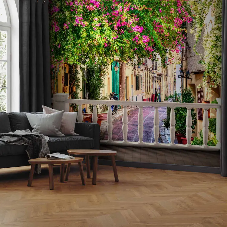 Italien - Landschaft mit toskanischer Straße und bunten Blumen