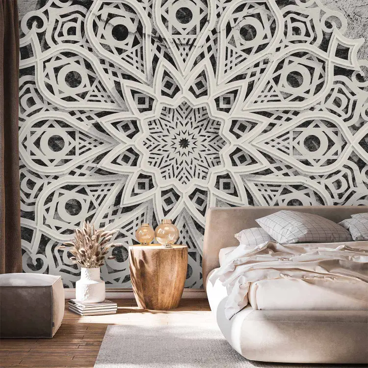 Mandala - Orient-Motiv mit weißem Muster auf Betonstruktur-Hintergrund