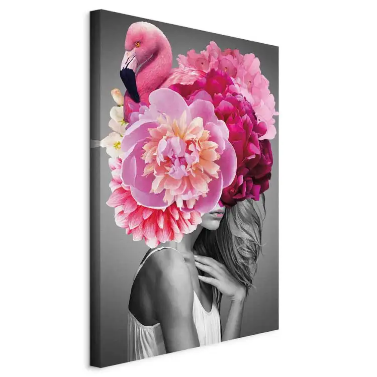 Flamingo-Girl Hochformat - Frau mit Vogel und Pfingstrose