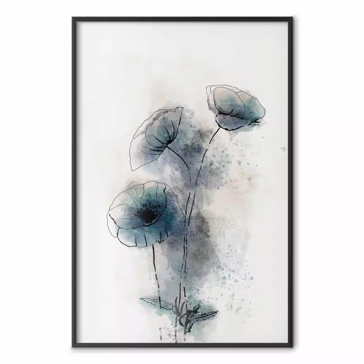Blaue Mohnblumen - Linienzeichnung auf hellem Hintergrund