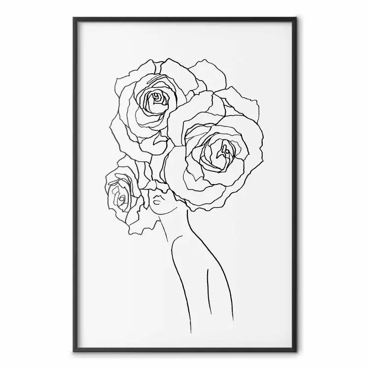 Fantasievolle Rosen - Linienzeichnung einer Frau mit Blumen