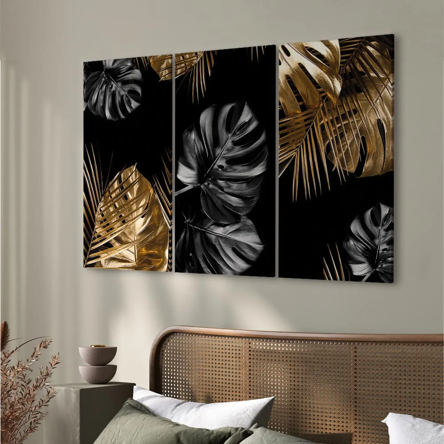 Bilder auf Leinwand Dschungelfarben - Erste Variante (3-teilig) - Monstera-Bltter  - Glamour - bimago