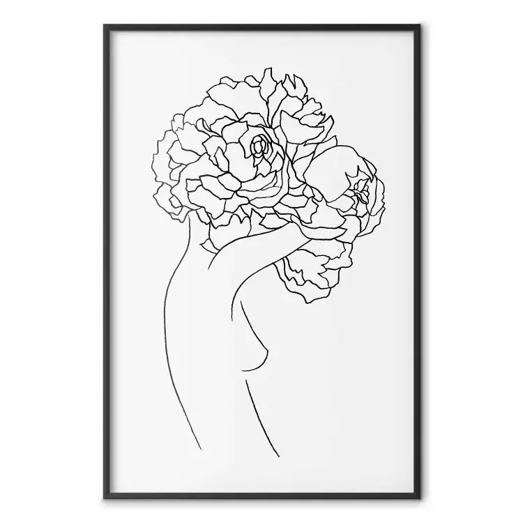 Gärtnerin - Abstrakte Linienzeichnung einer Frau mit Blumen im Haar