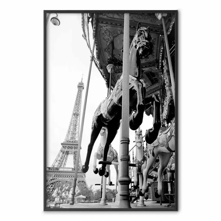 Wirbelndes Paris - Graues Karussell mit Pferd vor Eiffelturm