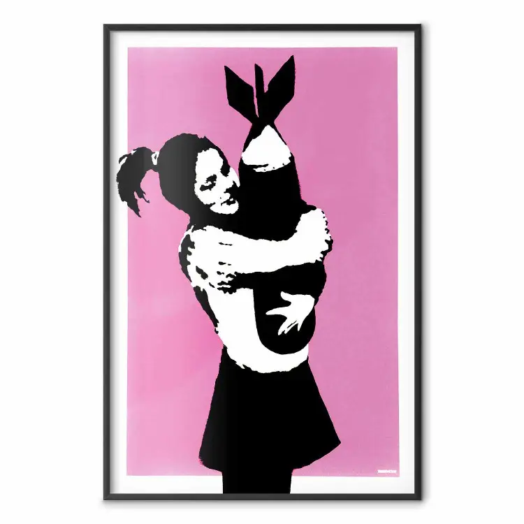 Bombenhalt - Mädchen mit Bombe auf rosa Hintergrund im Banksy-Stil