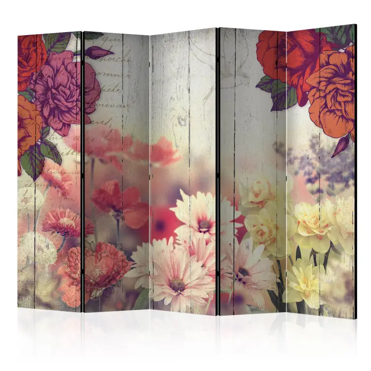 Vintage-Blumen II - Blumen auf Holz mit Retro-Beschriftungen