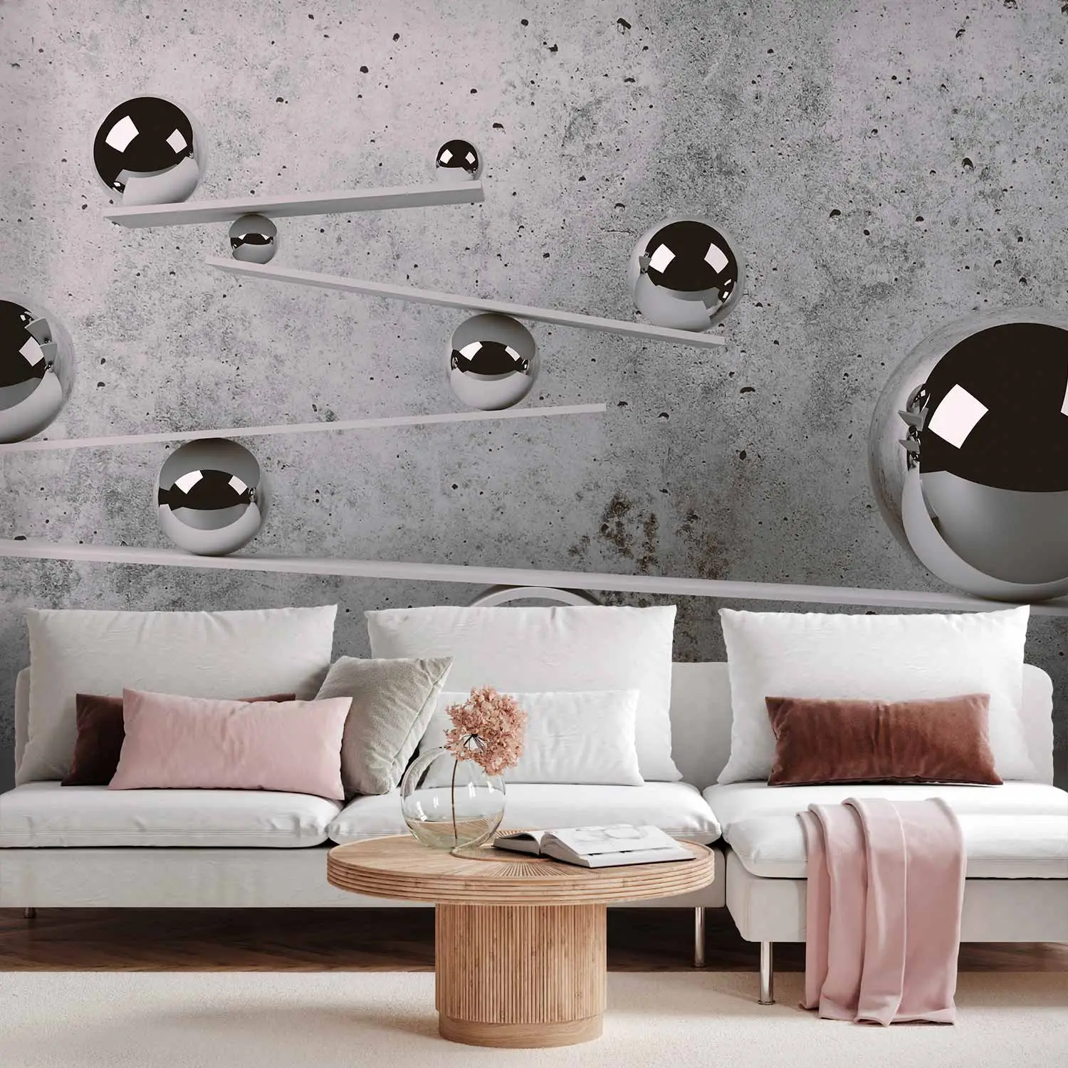 Fototapete Silberne Kugeln - weiße Bretter und geometrische Figuren auf einer Betonwand - Modern