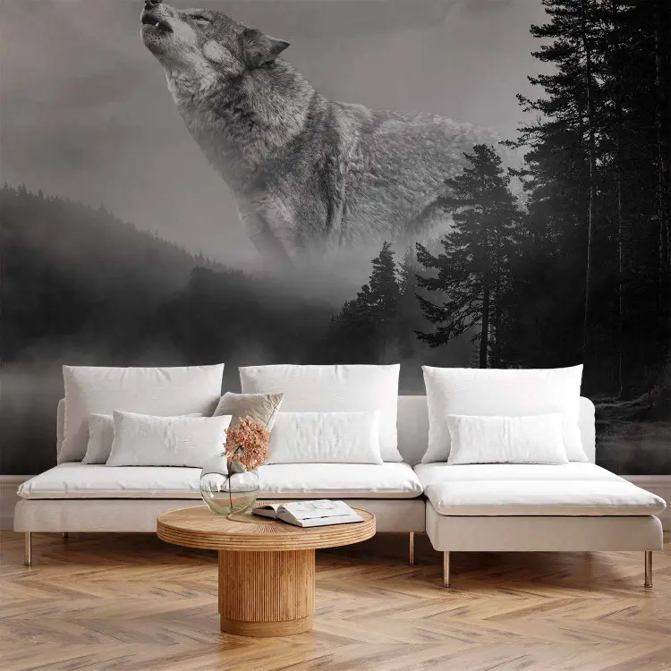 Waldbild - Schwarz-weißer Wolf im nebeligen Wald neben einem See