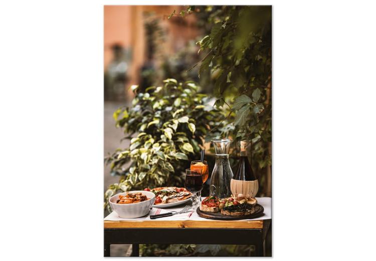 Leinwandbild Italienische Mahlzeit - Stillleben und Pflanzen im Hintergrund
