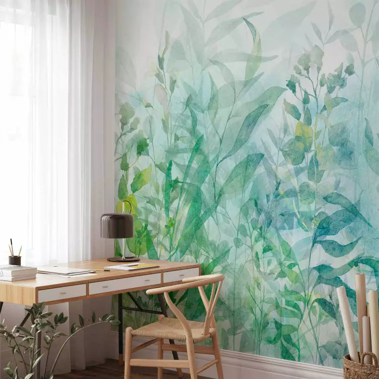 Minimalistische Komposition - Blättermotiv in blau-grüner Aquarell