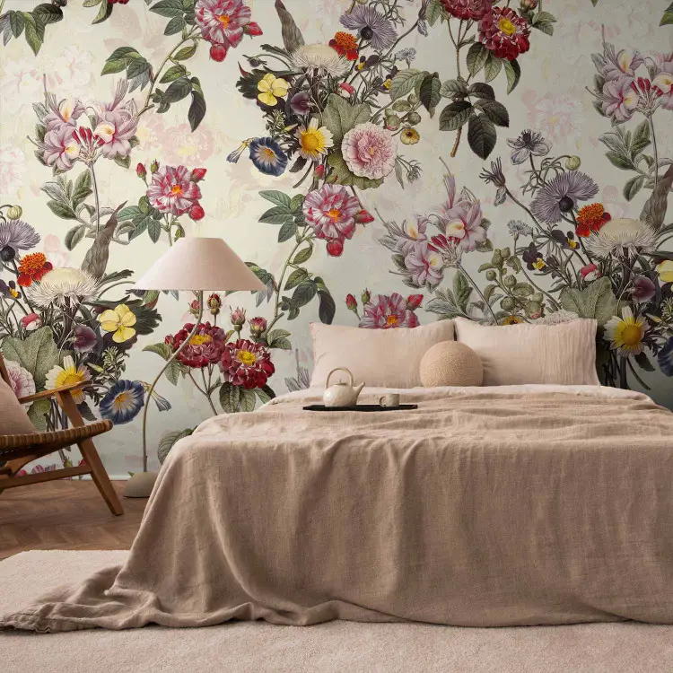 Blumenzauber - Bunte Blumen im Vintage-Stil auf beigem Hintergrund