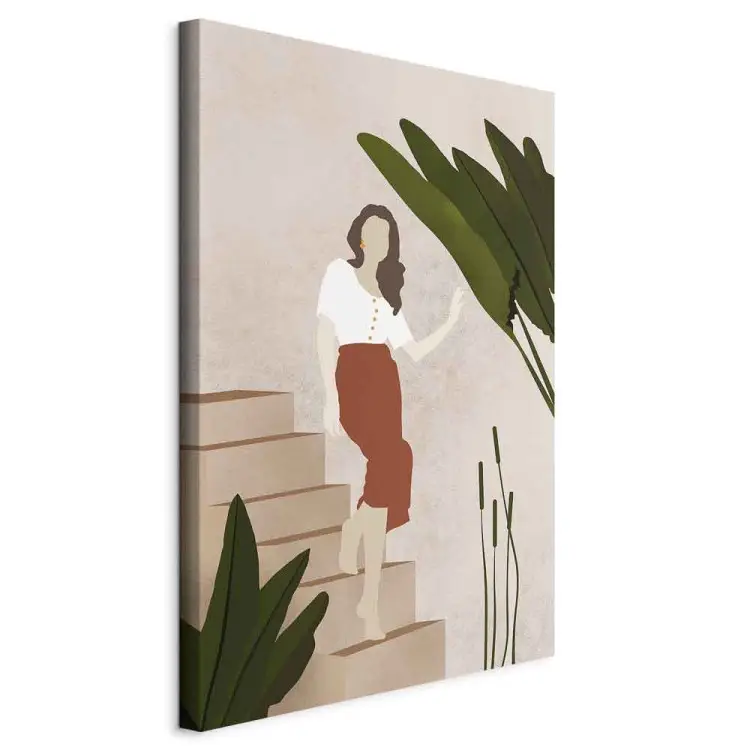 Frau, die eine Treppe hinuntergeht - Komposition im Scandi-Boho-Stil