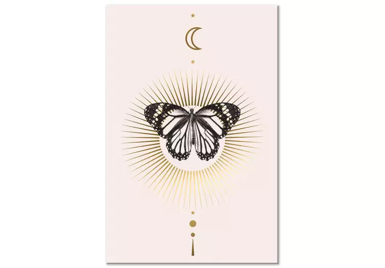 Schwarz-weißer Schmetterling auf einem Hintergrund mit der Sonne – eine Schmetterlingskomposition mit Mond, Sonne und Planeten des Sonnensystems