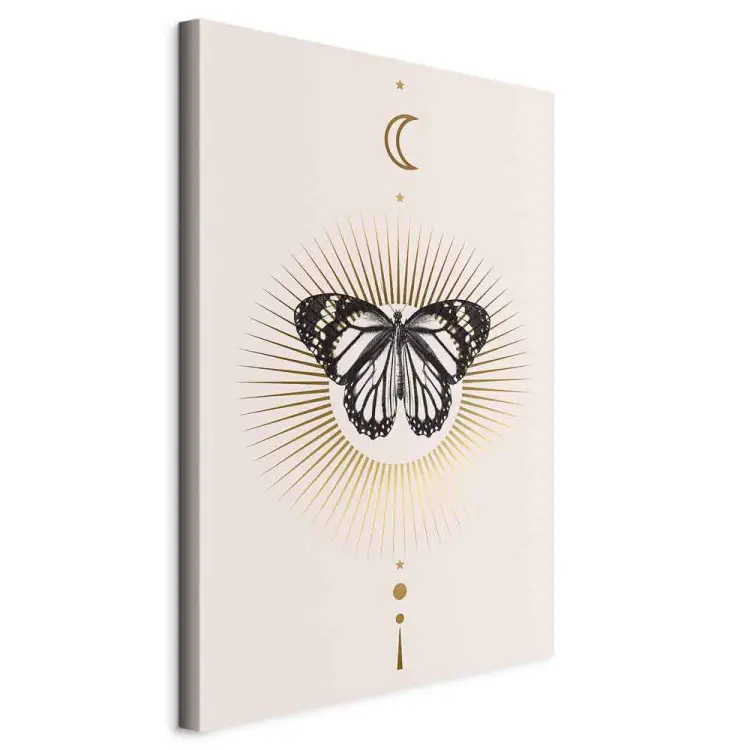 Schwarz-weißer Schmetterling auf einem Hintergrund mit der Sonne – eine Schmetterlingskomposition mit Mond, Sonne und Planeten des Sonnensystems