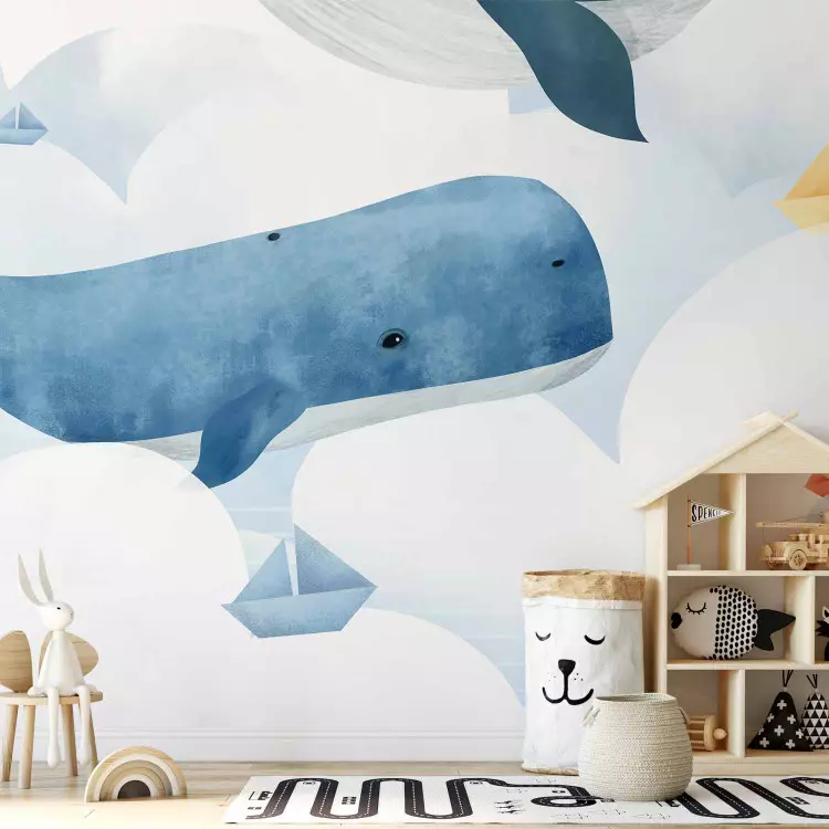 Schwimmende Wale in den Wolken - Farbillustration mit Fischen und Schiffen