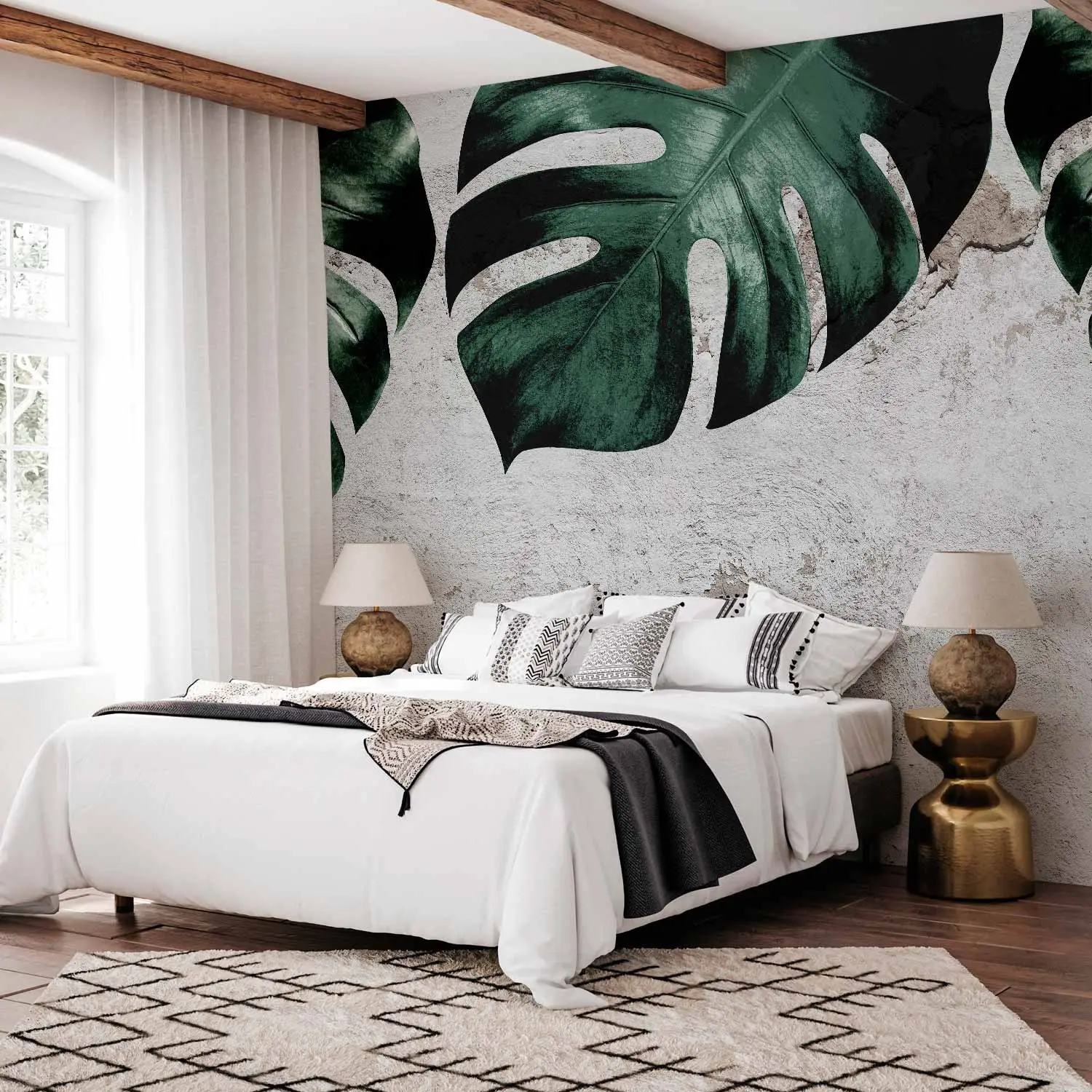 Fototapete gnstig Im Angesicht einer Monstera - Komposition mit Blttern  und Betonwand - Monstera - bimago