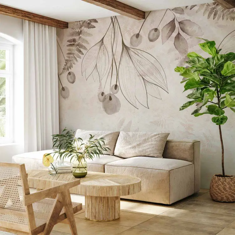 Subtiler Hauch - Minimalistische Blumen- und Blattkomposition in Beige
