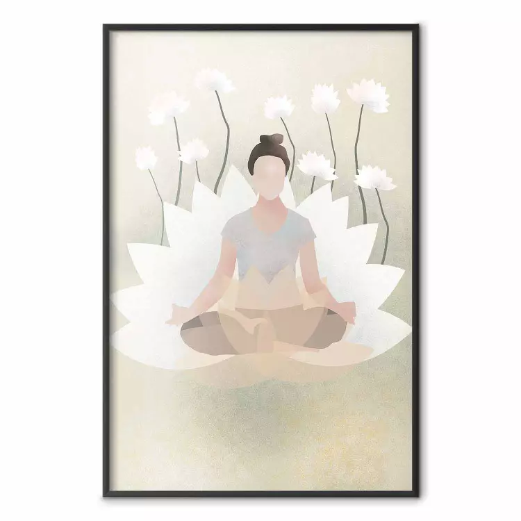 Liebesyoga - Meditierende Frau vor weißen Blumen im Zen-Stil