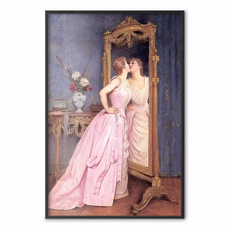 Eitelkeit - Frau in einem rosa langen Kleid betrachtet sich im Spiegel