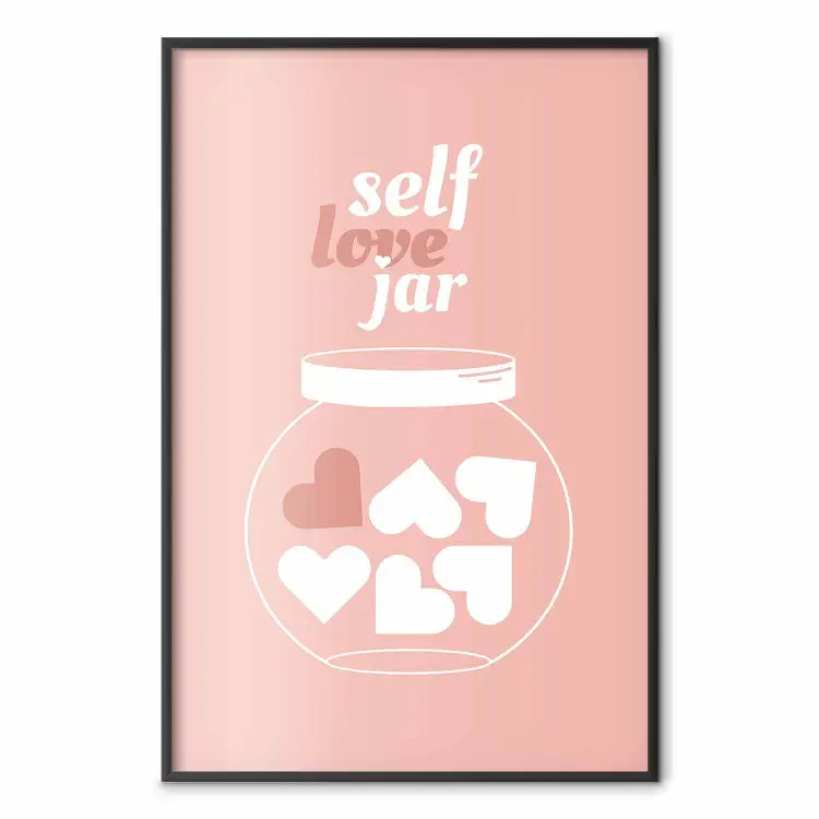 Selbstliebe-Glas - Glas mit Herzen und Beschriftungen auf rosa