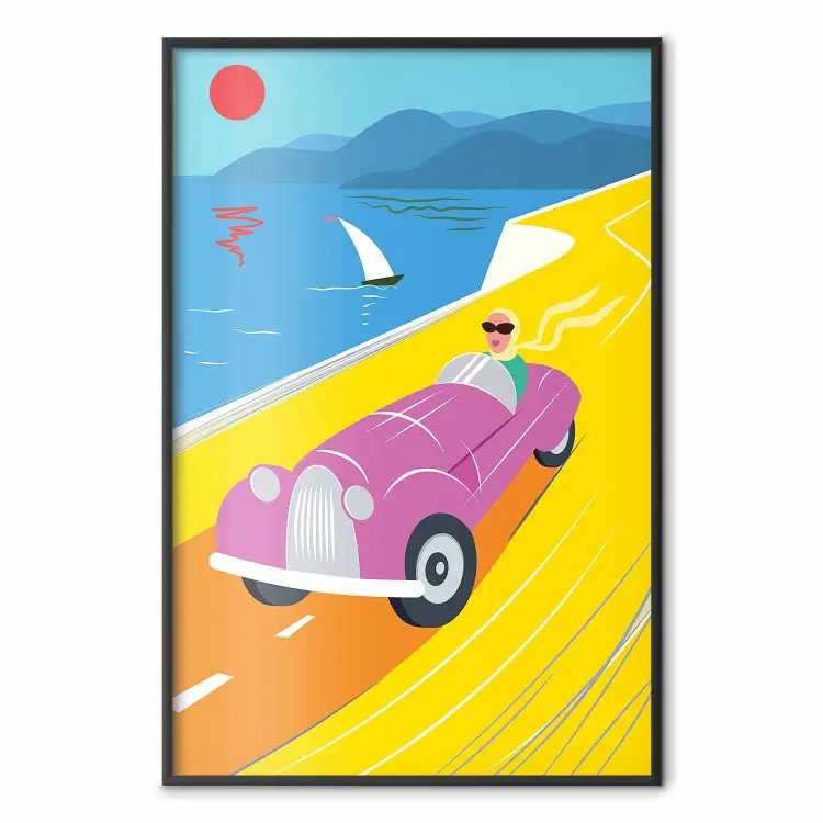 Bunte Fahrt - Frau im Auto vor Meer mit Boot
