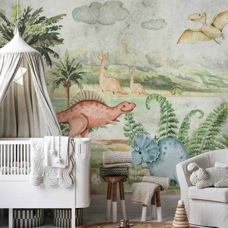 Landschaft für Kinder - malerische Landschaft mit bunten Dinosauriern