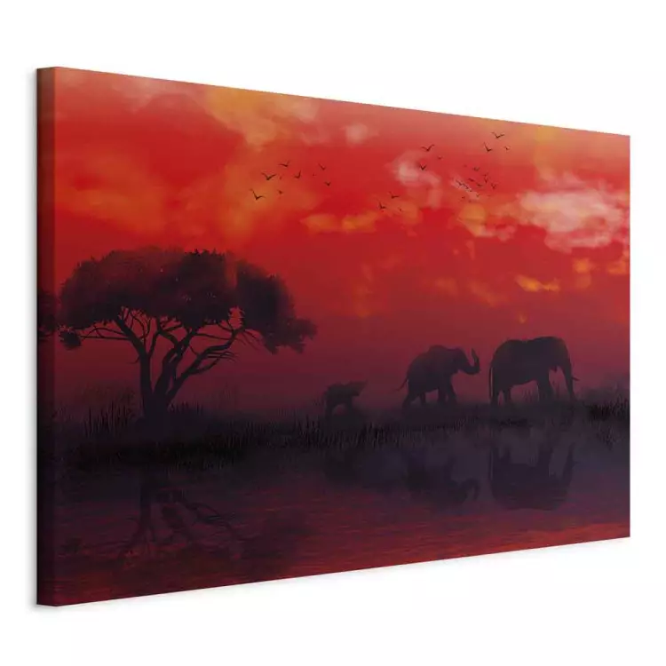 Afrikanische Landschaft (1-teilig) Breit - Elefanten und roter Himmel
