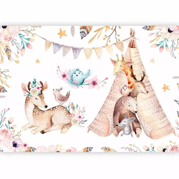 Märchenhafte Freunde - Tiere und Blumen auf einheitlichem Hintergrund