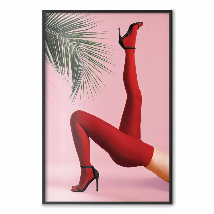 Red Tights - Woman Legs, High Heels and Palm Leaf on a Pink Background