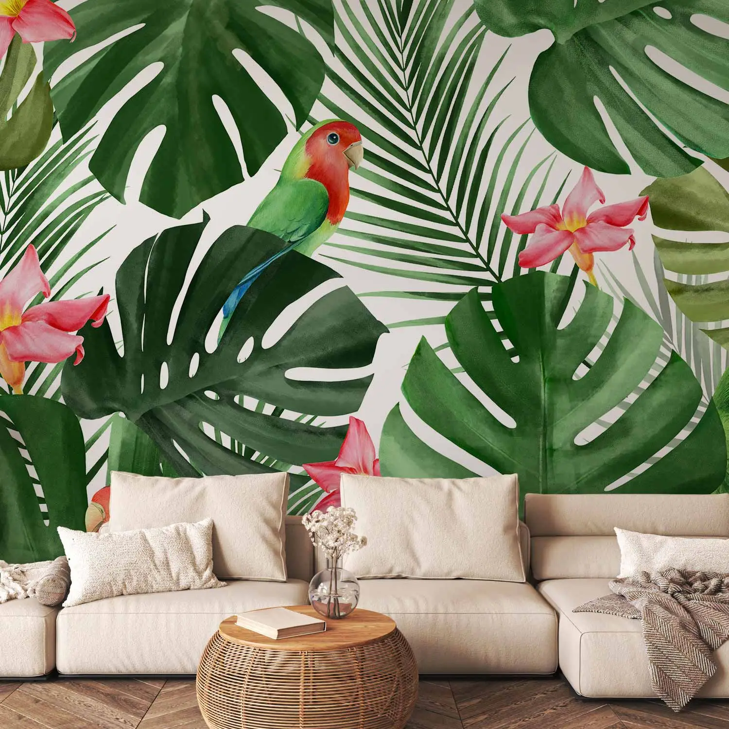 Fototapete gnstig Monstera - Grne exotische Bltter und bunte Papageien  zwischen Blumen - Landschaften - bimago