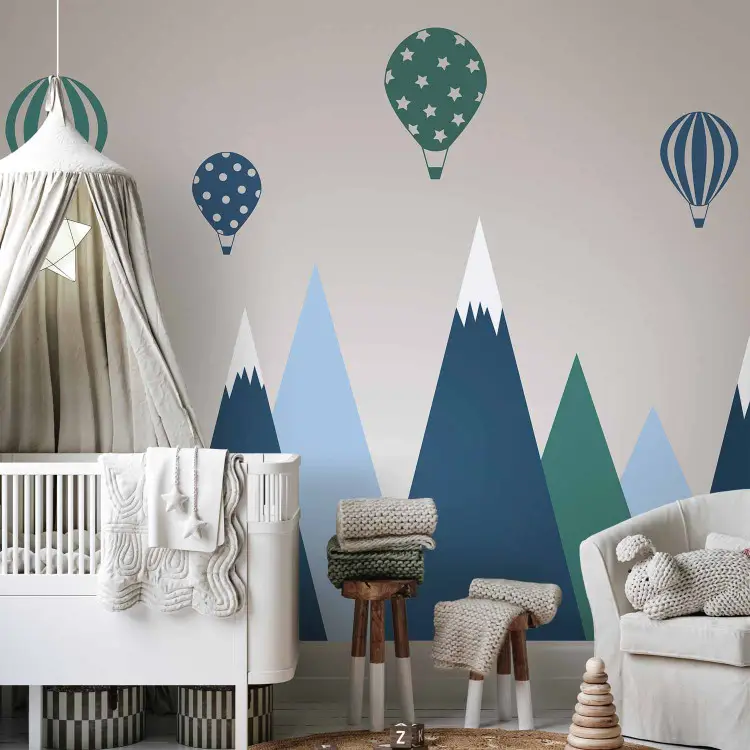 Kinderlandschaft - Grafik mit Ballons über blau-grünen Bergen