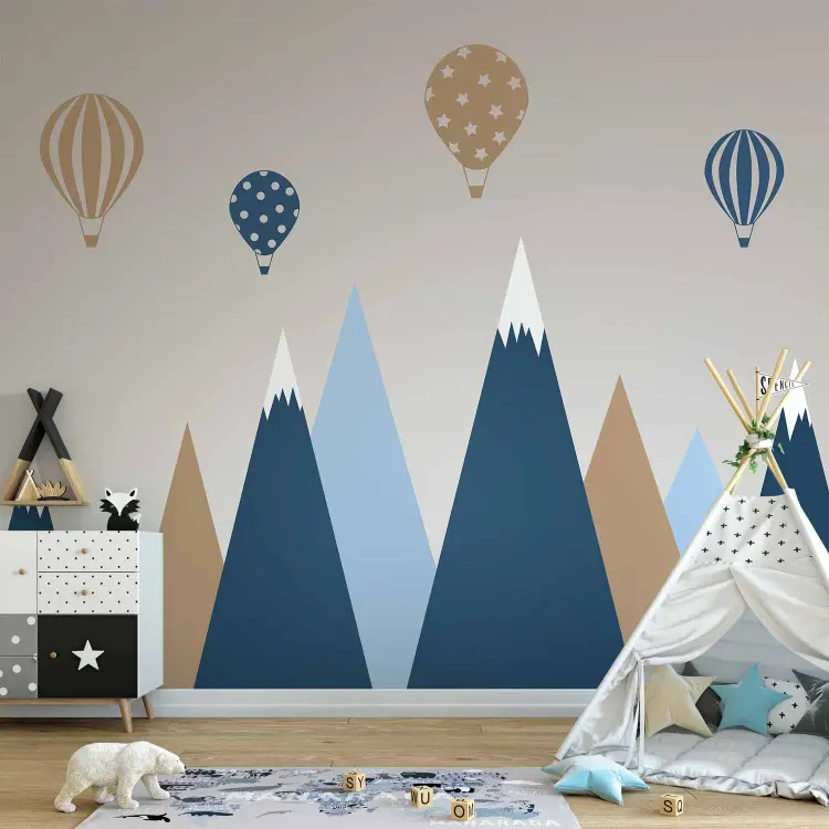 Kinderlandschaft - Grafik mit Ballons über blau-beigen Bergen