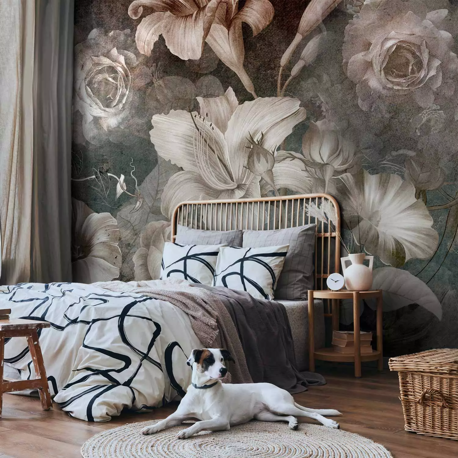 fototapete günstig vintage-blumen - große weiße pflanzen auf dunklem  hintergrund - blumen - bimago