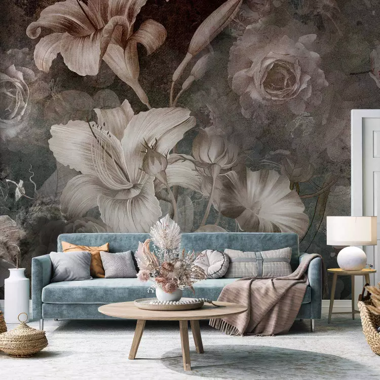 Vintage-Blumen - Große weiße Pflanzen auf dunklem Hintergrund