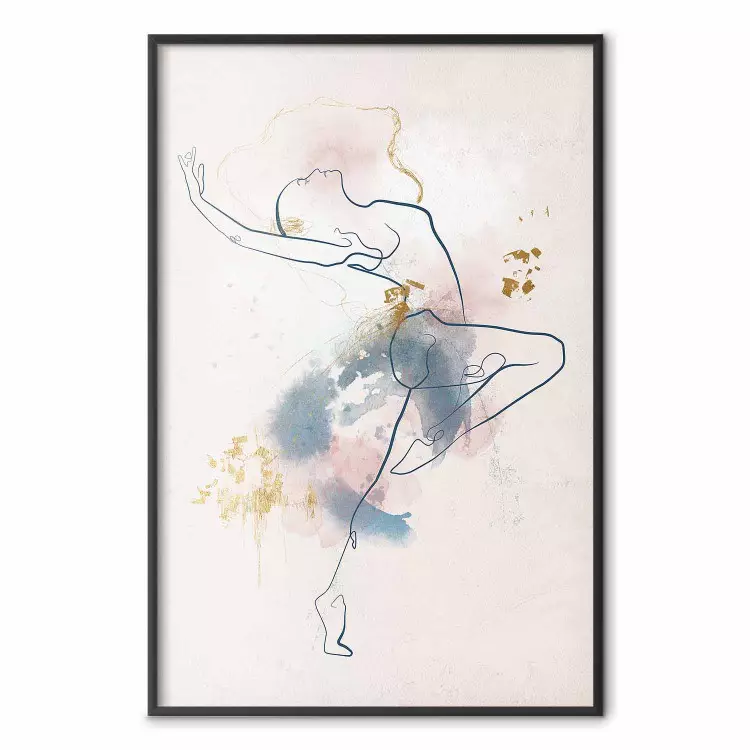 Linear Woman - Drawing of a Dancing Ballerina and Delicate Watercolor Stains